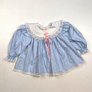 Vintage Bryan Dress Baby Girls Sz 12m Blue Floral Dainty Frilly Spring 80s